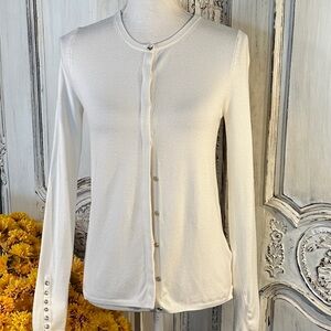 Zara Crew Neck Elegant Soft White Cardigan Women's Sweater with Silver Buttons